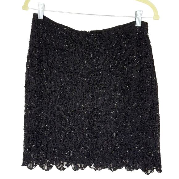 INC Black Beaded Sequin Floral Lace Semi Sheer Classic Elegant Mini Skirt Sz 6